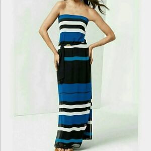 CACHE blue black striped. Strapless maxi dress 12
